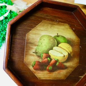 Vintage 70s Wooden Fruit Scene Octagon Tray